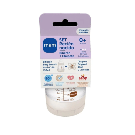 BIBERON ANTICOLICO + CHUPETE MAM ANTICOLIC EASY 130 ML + 0+ M